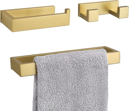 Brushed Gold Bathroom Accessories, Toilet Paper Holder, Towel Bar and Hook | Lairuier 3 Pieces Bathroom Hardware Set, SUS304 Stainless Steel Towel Holder Set Toilet Paper Holder Robe Hook Wall Mounted