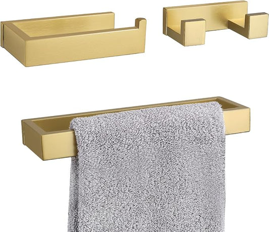 Brushed Gold Bathroom Accessories, Toilet Paper Holder, Towel Bar and Hook | Lairuier 3 Pieces Bathroom Hardware Set, SUS304 Stainless Steel Towel Holder Set Toilet Paper Holder Robe Hook Wall Mounted