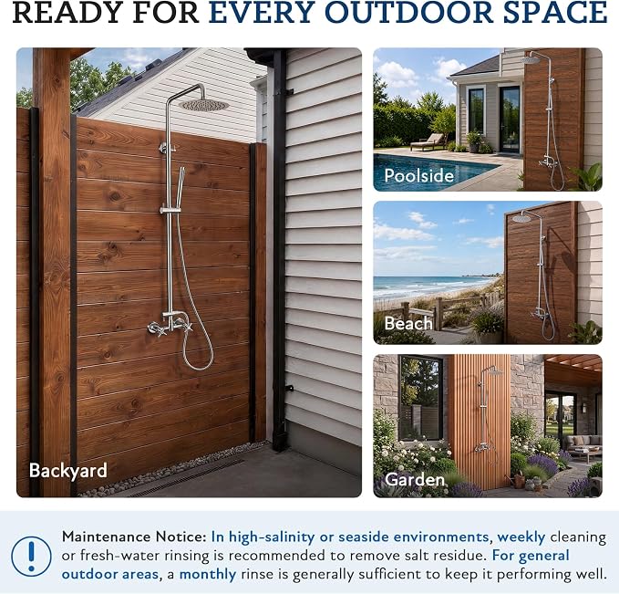 G‑Promise 316 Marine Grade Stainless Steel 8 Inches Outdoor Shower Kit | SUS 316 Stainless Steel, Built to Last, Easy Install, Height Adjustable, Wall Mounted, for Poolside, Backyard, Coastal Homes