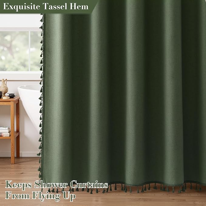 Olive Green Boho Linen Shower Curtain for Bathroom Luxury Fancy Modern Rustic Fabric Shower Curtain Set with Hooks Farmhouse Hotel Style Bath Accessories Decor Water Repellent 72x72