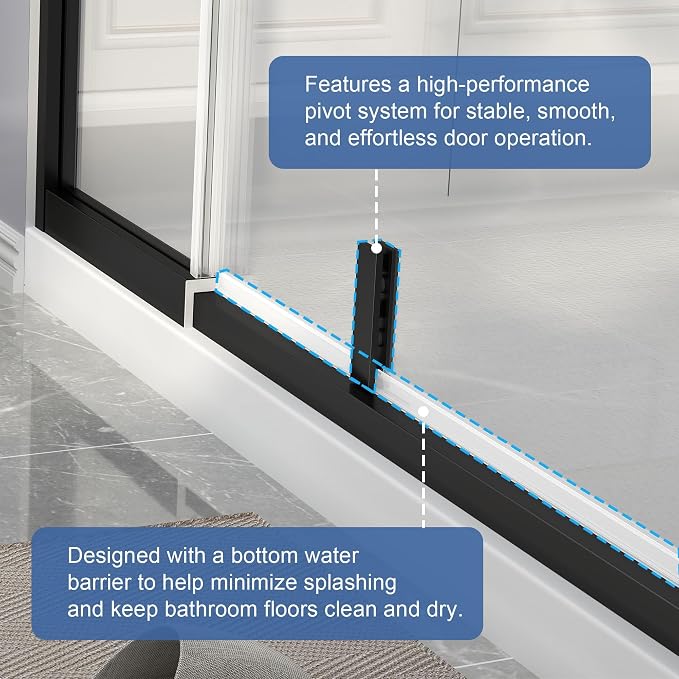 36-42" W x 72" H Semi Frameless Pivot Shower Door Matte Black | 1/4"(6mm) SGCC Tempered Glass with Explosion-Proof Film &Nano Coating,Customizable Width