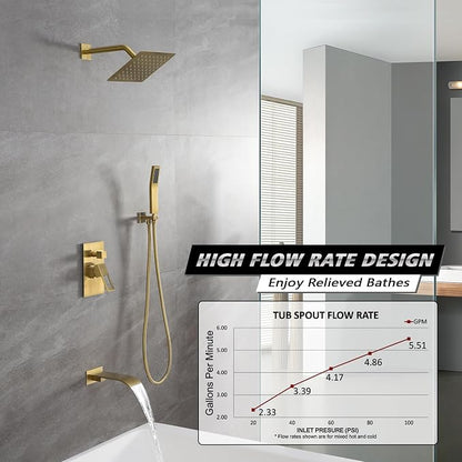 SUMERAIN Shower Faucet System with Waterfall Tub Spout, Brushed Gold | 8" Rain Shower Head, Brass Handheld Shower Head, Anti-scald Pressure-Balanced Valve, Including Rough-In Valve