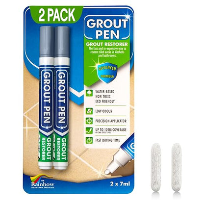 Grout Pen Grey Tile Grout Paint Marker - 2 Pack w/Extra Tips (7mL) | Waterproof Grout Refresh Restorer for Kitchen & Bathroom, Tile Grout Colorant and Sealer Pen - Narrow Tip 5mm - Grey