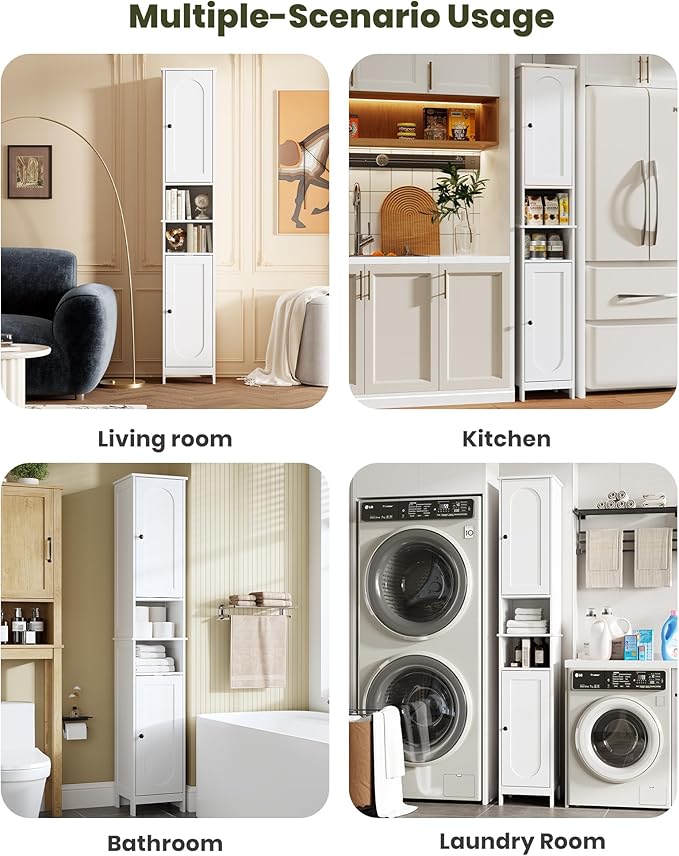 HAIOOU 67" Tall Bathroom Storage Cabinet with Light,11.8"W Narrow Bathroom Cabinet with Adjustable Glass Shelves,Slim Freestanding Cabinet for Small Spaces,Skinny Cabinet for Kitchen,Living Room white