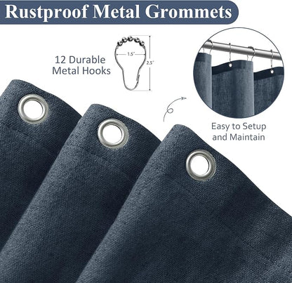 Denim Blue Linen Shower Curtain, Country Boho Farmhouse Bath Decor Shower Curtains Neutral Cloth Weighted Textured Fabric Bath Curtain Liner with Hooks, 72x78