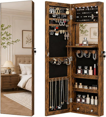 Lockable Jewelry Cabinet Organizer with Full Length Mirror, 6 Auto LED Lights, Wall & Over Door Mount Jewelry Armoire with Earring Slots, Necklace Hooks, Foldable Makeup Shelf