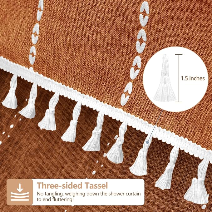 Seenus 72 x 76 inch Extra Long Boho Chic Shower Curtain Heavyweight with Tassels, Sunset Orange Linen Textured Fabric Farmhouse Shower Curtain, Elegant White Striped Bathroom Curtain Water Repellent