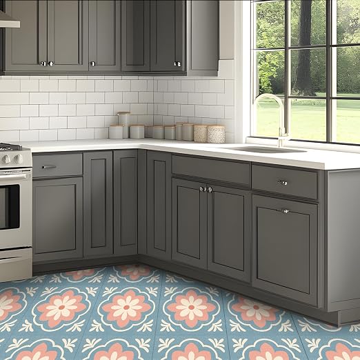 Retro Blue Pink Flower Peel and Stick Floor Tiles 12x12 Inch 10PCS | Retro blue pink cream flower tile pattern vinyl floor stickers for kitchen bathroom entryway and indoor home decor