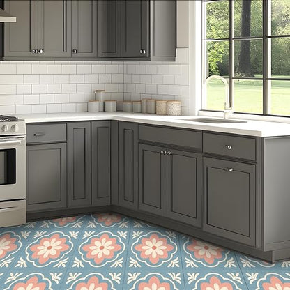 Retro Blue Pink Flower Peel and Stick Floor Tiles 12x12 Inch 10PCS | Retro blue pink cream flower tile pattern vinyl floor stickers for kitchen bathroom entryway and indoor home decor