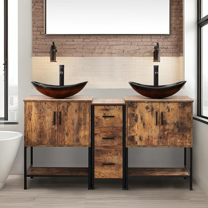 UEV Rustic Brown 60" Double Bathroom Vanity with Sink Combo,Industrial Iron Frame 2 Main Bathroom Vanity with Middle 3 Drawers Cabinet,Modern Brown Boat Tempered Glass Vessel Sink(029BR)