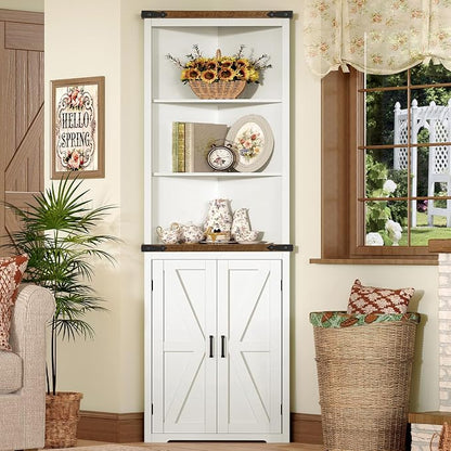 TEENFON Farmhouse Corner Cabinet, 70" H Tall Corner Hutch with 5 Shelves & 2 Barn Doors, Bathroom Cabinet with Adjustable Shelf, for Living Room, Kitchen, Bathroom, White