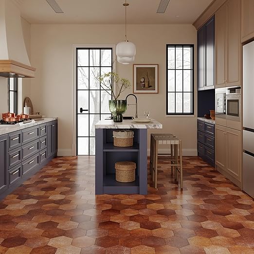 W&S 24-Sheets Hexagon Peel and Stick Floor Tile, Red Brown Peel and Stick Backsplash Tile for Wall, Self Adhesive Faux Stone Flooring DIY for Kitchen, Living Room, RV, Bathroom