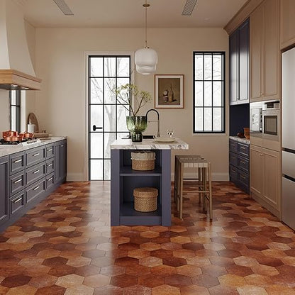 W&S 24-Sheets Hexagon Peel and Stick Floor Tile, Red Brown Peel and Stick Backsplash Tile for Wall, Self Adhesive Faux Stone Flooring DIY for Kitchen, Living Room, RV, Bathroom