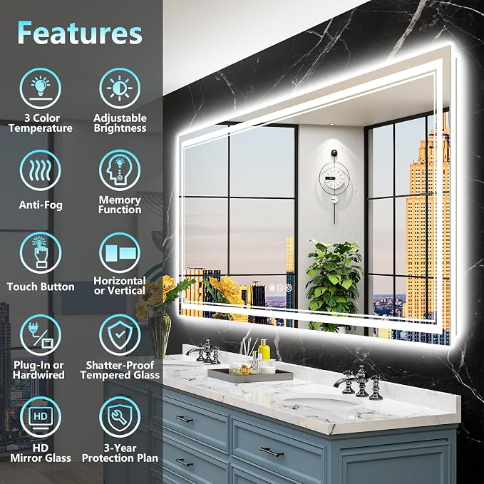 77x36 LED Bathroom Mirror, Backlit & Front Lit Lighted Mirror | Anti-Fog Vanity Mirror with Lights, 3 Color Dimmable, Memory, Shatterproof, Tempered Glass, CRI95, UL Listed, Wall Mounted