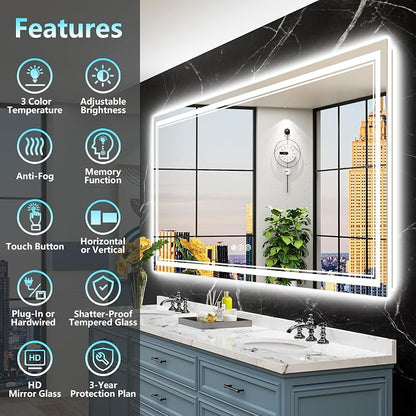 77x36 LED Bathroom Mirror, Backlit & Front Lit Lighted Mirror | Anti-Fog Vanity Mirror with Lights, 3 Color Dimmable, Memory, Shatterproof, Tempered Glass, CRI95, UL Listed, Wall Mounted