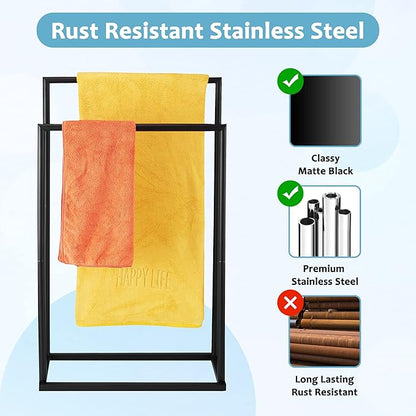 Free Standing Towel Rack, 2 Tier Towel Racks for Bathroom with Storage Shelves, Modern Outdoor Standing Towel Drying Rack for Poolside, Black Blanket Rack Holder, DECLUTTR