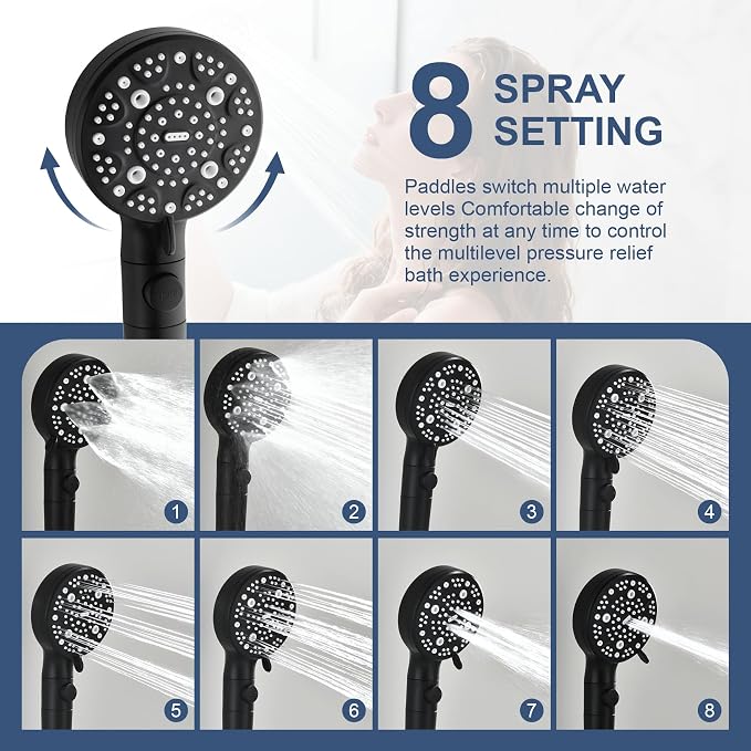 Taplong Black Bathtub Shower Faucet Set with slide bar Shower System with Tub Spout,8 Setting Handheld with ON/OFF Pause Switch, Tub Shower Faucet Kit for Bathroom-TP049B