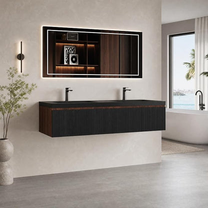 Floating Bathroom Vanity, 72" Wall Mounted Bathroom Cabinet with 2 Matte Black Quartz Sand Sinks & U-Shaped Soft-Close Drawers, Pre-Assembled Striped Storage Vanity for Bathroom, Walnut&Black