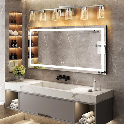 Brushed Nickel 6-Light Vanity Fixtures, Crystal Bubble Glass LED Sconces - Dimmable 3-Color (White/Neutral/Warm) for Bathroom, Hallway, Living Room