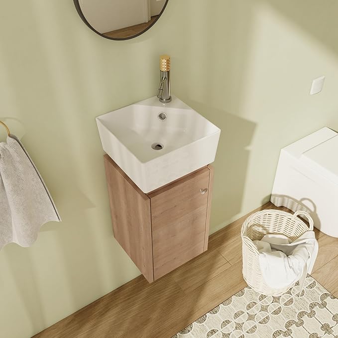 12" Bathroom Vanity with Sink, 12 Inch Floating Bathroom Vanity for Small Space, Modern Bathroom Vanity, Brown Wall Mounted Cabinet Set (045-IMO, IMO-12''Wx12''D)