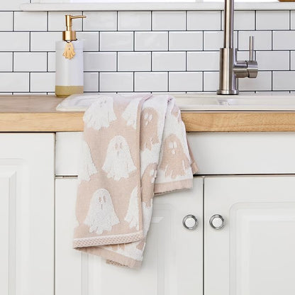 SKL Home Halloween Ghost Hand Towel Set-2pc, 100% Cotton Jacquard, Tan | Plush, absorbent & reversible. Great for use in the bathroom, kitchen, or bar & gifting.