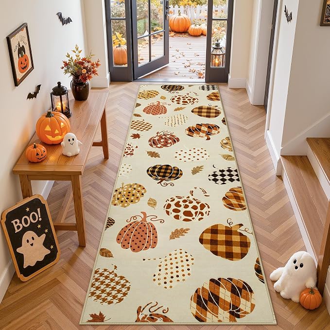 2.5x8 Beige Halloween Fall Pumpkin Hallway Runner Rug for Kitchen Entryway | Washable Non-Slip Low-Pile Autumn Thanksgiving Rug for Hallway, Front Door, Bedroom, Bathroom, Halloween Home Decor Rug