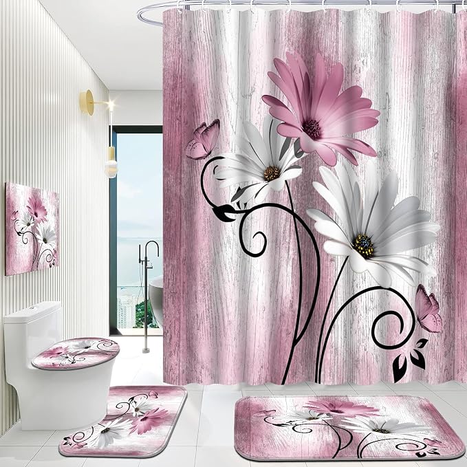 Onalasyc 4PCS Pink Daisy Floral Bathroom Sets with Shower Curtain and Rugs | Country Floral Butterfly Shower Curtain Set,Modern Bathroom Decor Shower Curtains Set with Rugs Toilet Lid Cover and 12 Hooks