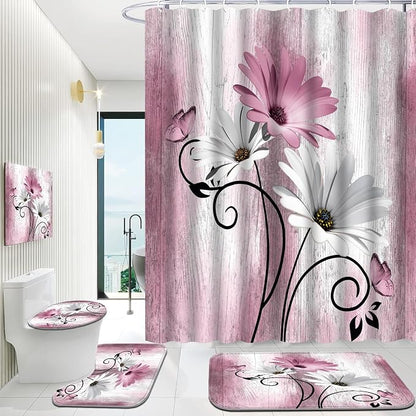 Onalasyc 4PCS Pink Daisy Floral Bathroom Sets with Shower Curtain and Rugs | Country Floral Butterfly Shower Curtain Set,Modern Bathroom Decor Shower Curtains Set with Rugs Toilet Lid Cover and 12 Hooks