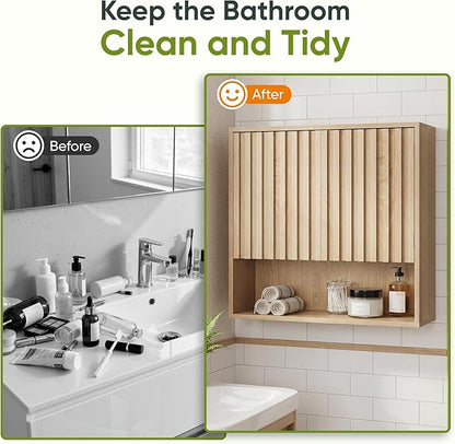 Bathroom Wall Storage Cabinet with Fluted Doors, Medicine Cabinet with Adjustable Shelf, Over The Toilet Storage Cabinet for Laundry Room & Kitchen & Living Room, Natural Oak