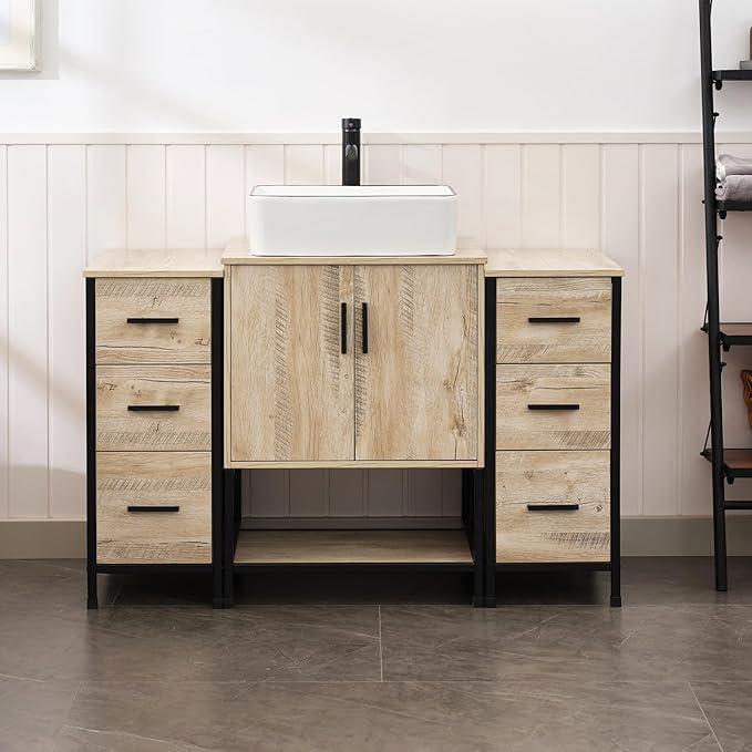 UEV 48" Rustic Oak Bathroom Vanity with Sink Combo,Industrial Iron Frame Bathroom Cabinet Sets with Double 3 Drawers Side Cabinet,Modern Artistic Ceramic Vessel Sink(031WH)