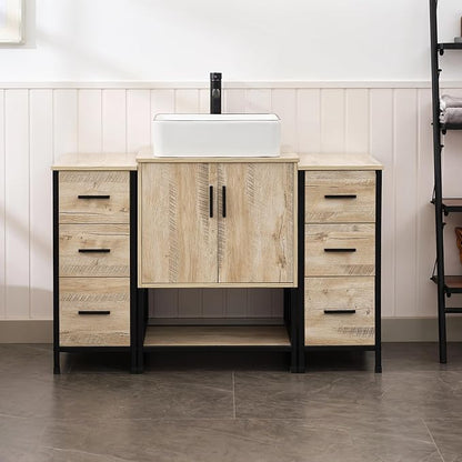 UEV 48" Rustic Oak Bathroom Vanity with Sink Combo,Industrial Iron Frame Bathroom Cabinet Sets with Double 3 Drawers Side Cabinet,Modern Artistic Ceramic Vessel Sink(031WH)