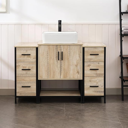 UEV 48" Rustic Oak Bathroom Vanity with Sink Combo,Industrial Iron Frame Bathroom Cabinet Sets with Double 3 Drawers Side Cabinet,Modern Artistic Ceramic Vessel Sink(031WH)