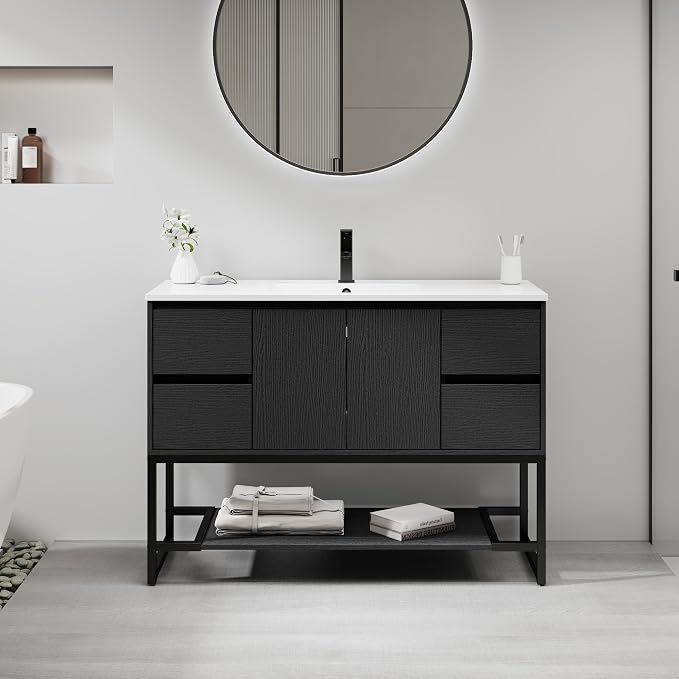 LUCKWIND 48" Modern Bathroom Vanity with Single White Sink Combo, Freestanding Storage Cabinet with Metal Frame, Matte Black Faucet and Open Shelf and 2 Soft-Closing Door, Black