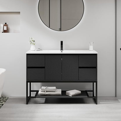 LUCKWIND 48" Modern Bathroom Vanity with Single White Sink Combo, Freestanding Storage Cabinet with Metal Frame, Matte Black Faucet and Open Shelf and 2 Soft-Closing Door, Black