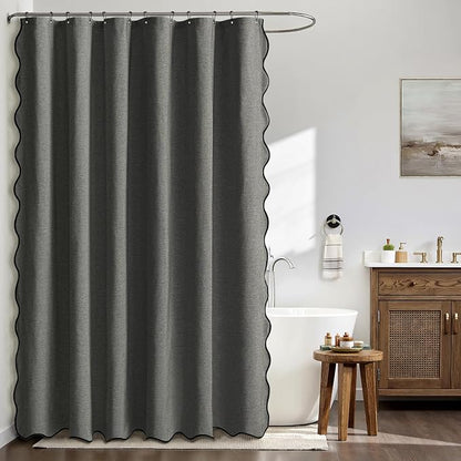 MIULEE Charcoal Grey Scalloped Linen Shower Curtain 72x72 Inches | Linen Textured, Waterproof, Washable, 12 Metal Hooks, Heavy Duty Cloth, Black Border, Shower Curtain for Bathroom Bathtub