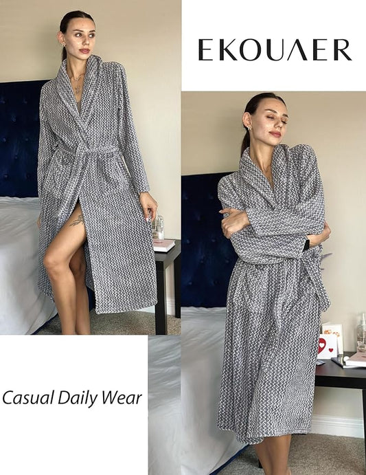 Ekouaer Women's Robe Long Plush Soft Bathrobe Cozy Warm Robes Shawl Collar Sleepwear with Pockets