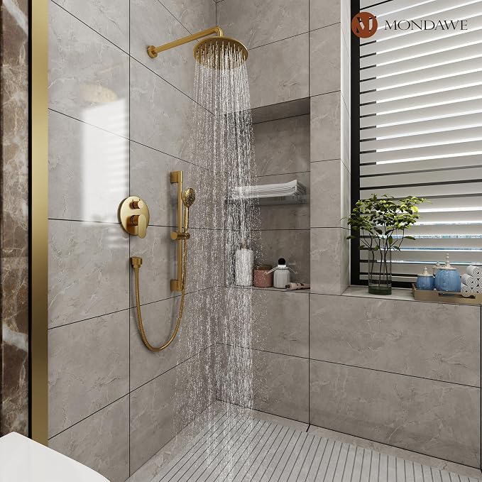 MONDAWE 9 Inch Wall Mounted Shower Faucet Set in Brushed Gold, Rainfall Shower Head with 3-Setting Handheld Spray Shower Set Combo, High Pressure Shower System with Solid Brass Valve