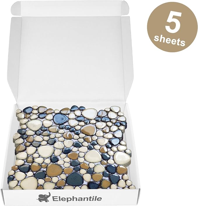 Pebble Tile for Shower Floor Brown Blue Pebbles Mosaic Tiles for Bathroom Floor [Set of 5 Sheets]