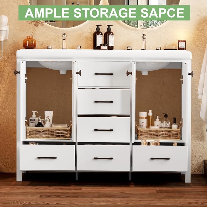 48" White Bathroom Vanity with Double Sink, 47.3" × 19.7" × 35.5" Bathroom Vanity Cabinet with 2 Doors & 6 Drawers, Modern Vanity Set with Ceramic Sinks