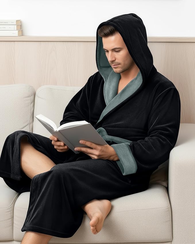 NY Threads Luxury Ultra Soft Mens Robe with Hood Plush Fleece Long Bathrobe