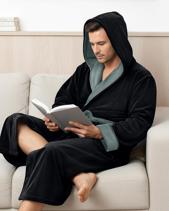 NY Threads Mens Robe with Hood, Luxury Plush Fleece Hooded Mens Bathrobe, Spa Bath Robe for Men