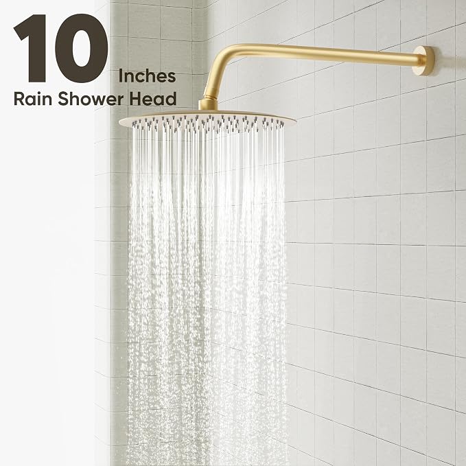 Gabrylly Shower System with Tub Spout, Bathtub Shower Faucet Set with 10" Rain Shower head and 5-Setting Handheld Shower, Wall Mounted Shower Fixtures with Pressure Balance Shower Valve, Brushed Gold