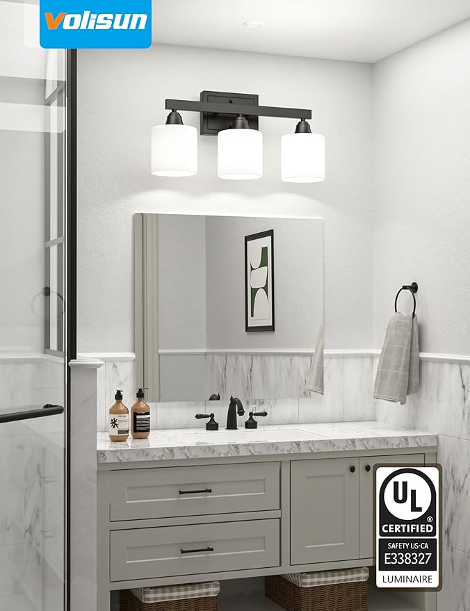 VOLISUN Matte Black Bathroom Light Fixtures, 3-Light Bathroom Vanity Lights Over Mirror, Modern Vanity Light for Bathrooms, Bathrooms Lights Fixtures Over Mirror with Milky White Frosted Glass Shades