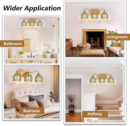 Vintage Gold Vanity Lights, 3 Light Tulip Crystal, Antique Brass Finish | Brushed Gold Bathroom Light Fixtures, Green Wall Sconce Ideal for Bedroom, Living Room, E26 Compatible, Easy Install