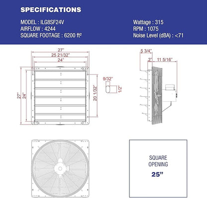 iLiving - 24" Wall Mounted Exhaust Fan - Automatic Shutter - Variable Speed - Vent Fan For Home Attic, Shed, or Garage Ventilation, 4244 CFM, 6200 SQF Coverage Area (Power Cord Not Included)