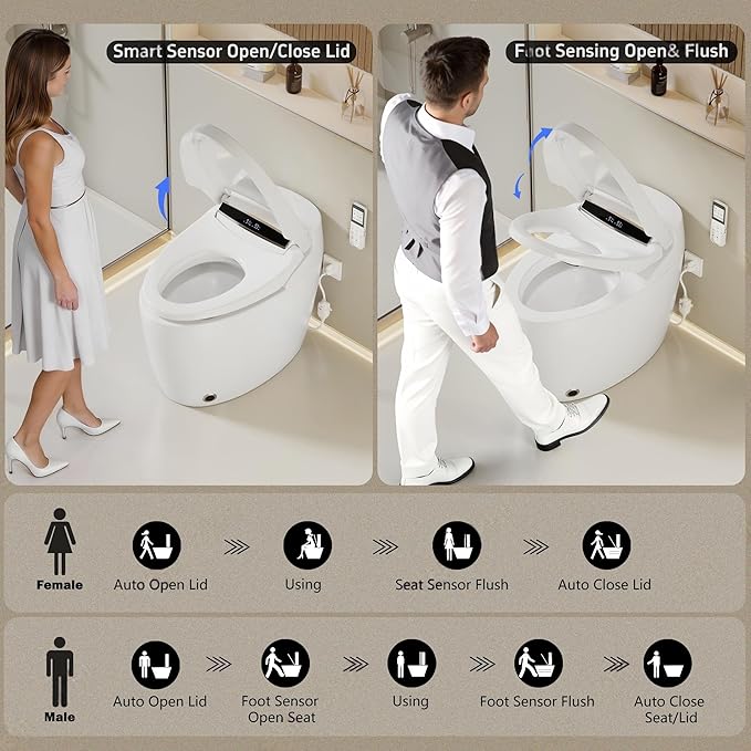 Smart Toilet with Bidet Built In with Warm Water Sprayer and Dryer | Foot Sensor Operation,Heated Seat toilet with LED Display for Bathroom,Auto Dual Flush