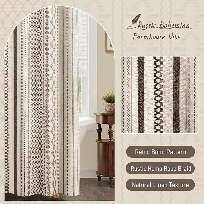 Dark Brown Shower Curtain,Boho Linen Shower Curtain for Bathroom with Striped Print,72" W x 72" L