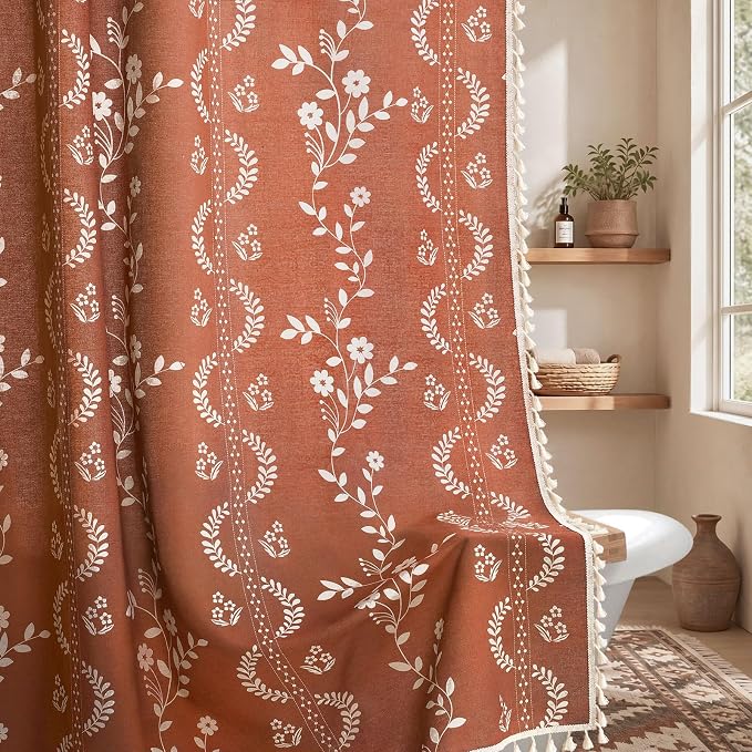 Boho Terracotta Vintage Shower Curtain with Tassels | 72 x 84 Inch,Bohemian Floral Linen Fabric Pattern Curtain Curtain For Bathroom