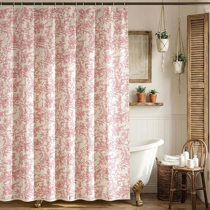 Farmhouse Pink Floral Shower Curtain with 12 Clear Rings 72"W x 72"L | Boho Fabric Faux Linen Shower Curtain Set, Vintage Cottagecore Shower Curtain for Bathroom