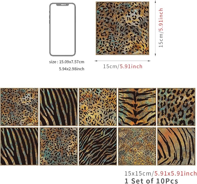 Alwayspon Vinyl Sticker Peel and Stick, Self-Adhesive Wall Tile Transfers Backsplash Sticker Decal for Kitchen Bathroom, 6x6inch/15x15cm 30Pcs, Animal Stripes T046